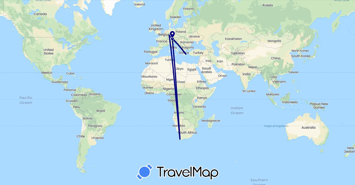 TravelMap itinerary: driving in Germany, Greece, South Africa (Africa, Europe)